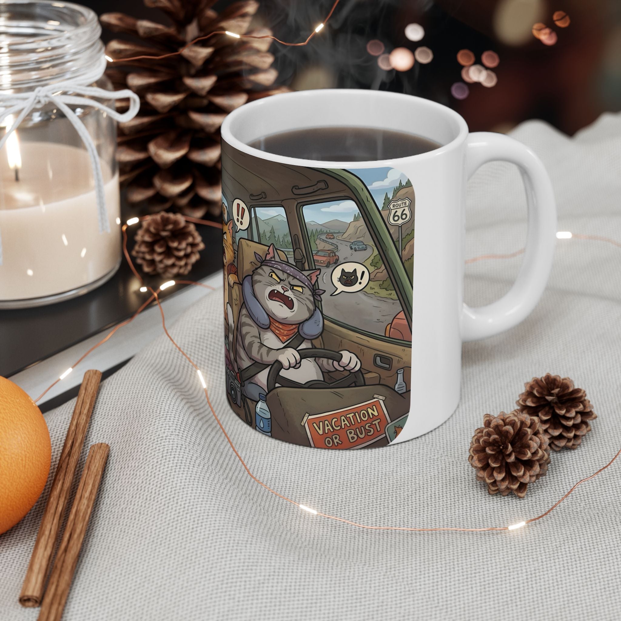 Angry Cats On A Road Trip White Ceramic Mug — Funny Kitty Crew Travel Cup (11oz, 15oz)