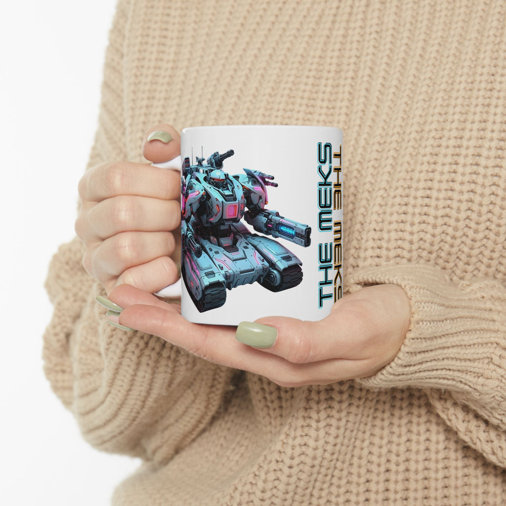 'The Meks' Sci‑Fi Mech Robot #7 White Ceramic Mug (11oz & 15oz), Retro Cyberpunk Tea Cup