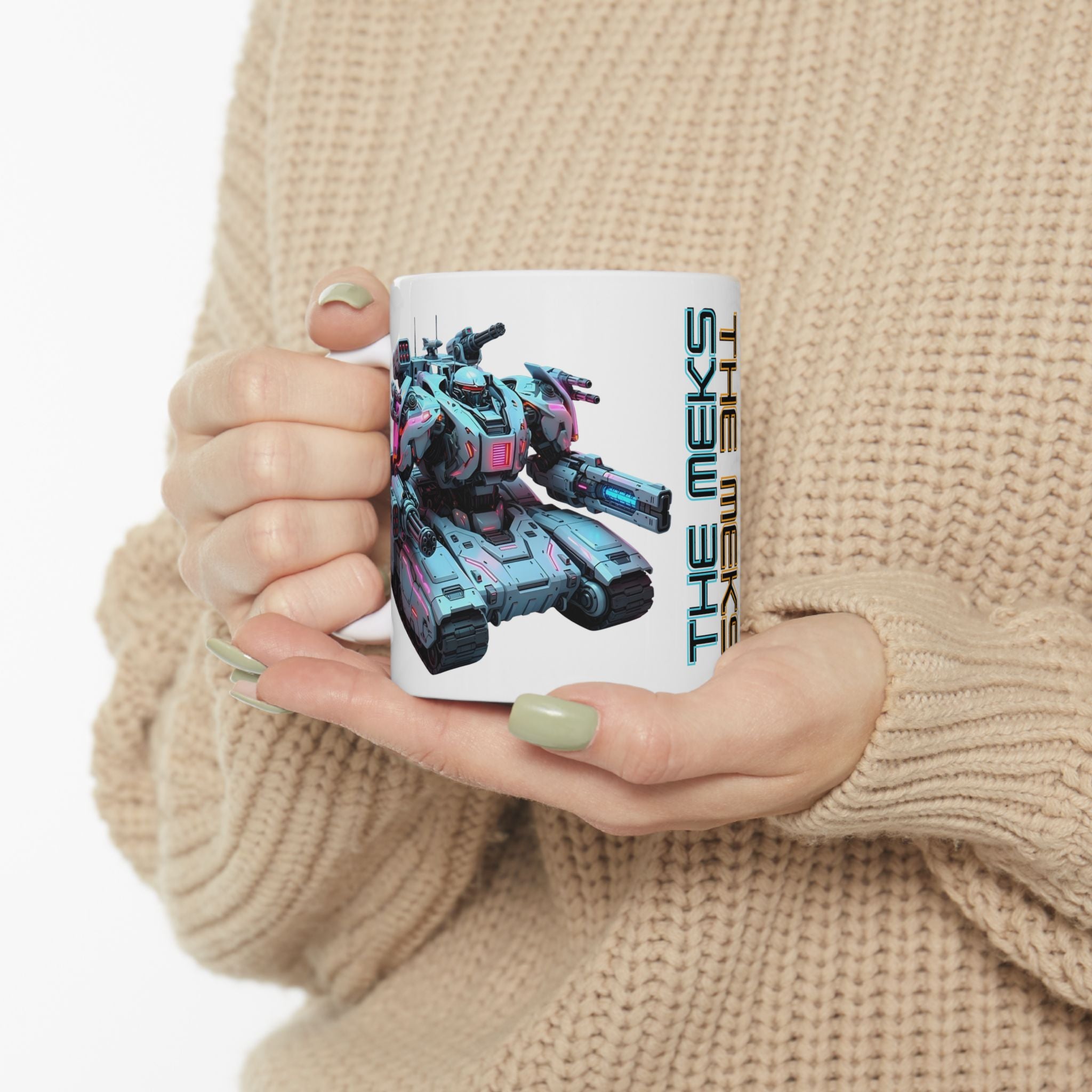 'The Meks' Sci‑Fi Mech Robot #7 White Ceramic Mug (11oz & 15oz), Retro Cyberpunk Tea Cup