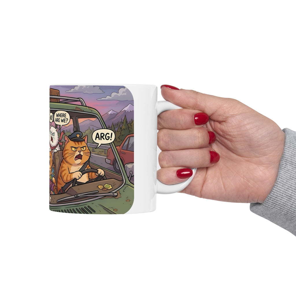 Squabbling Cats On A Road Trip White Ceramic Mug (11oz/15oz), Funny Cat'n Get Along Cup