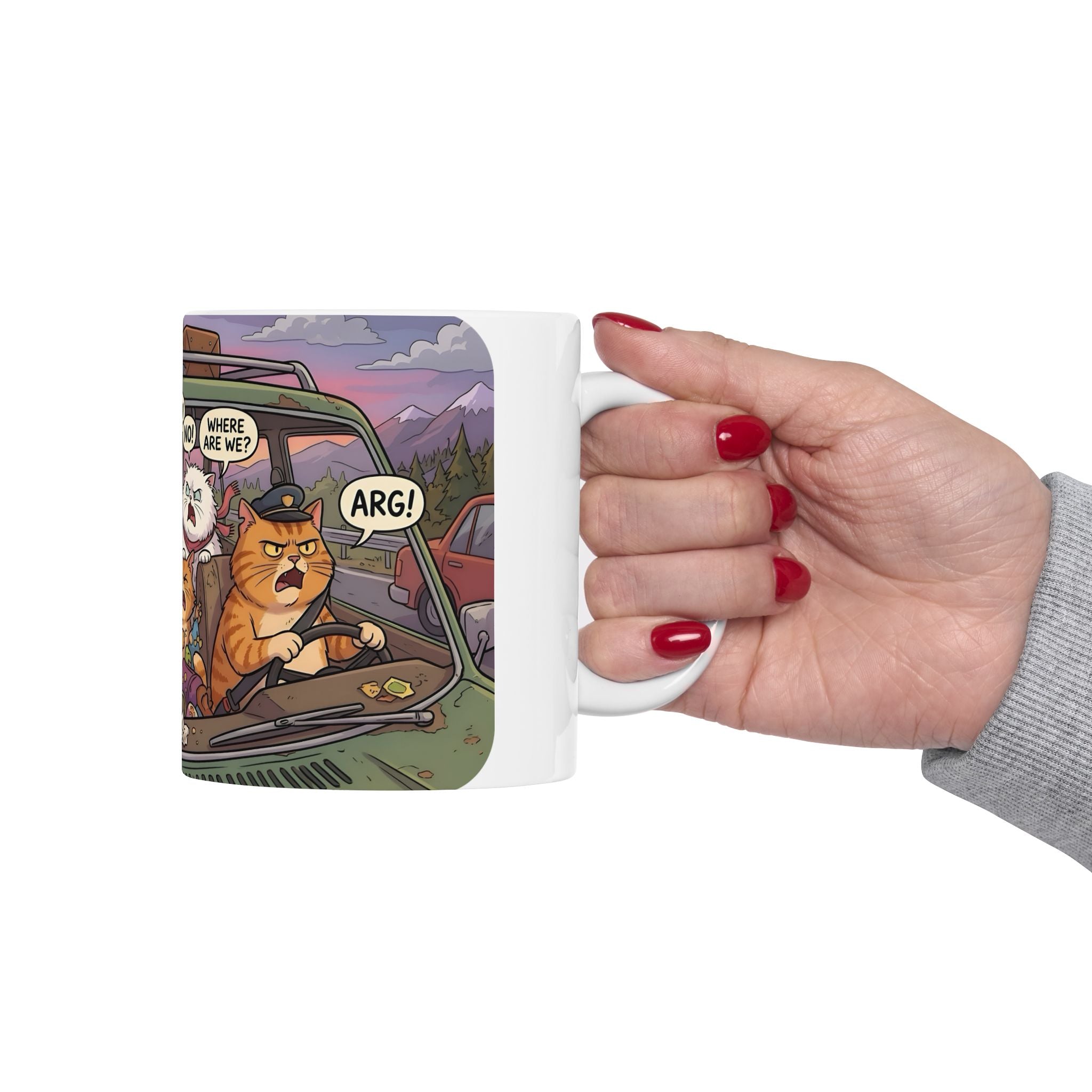 Squabbling Cats On A Road Trip White Ceramic Mug (11oz/15oz), Funny Cat'n Get Along Cup