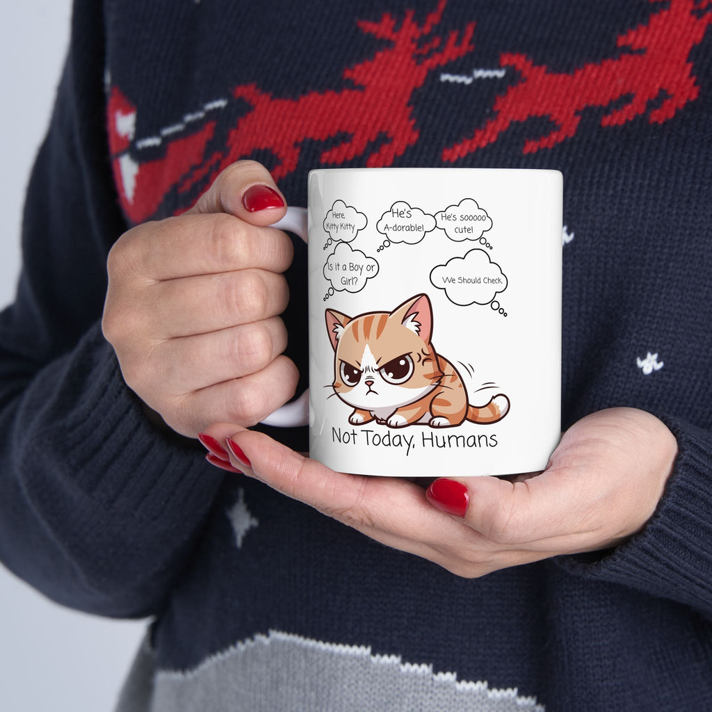 "Not Today, Humans" Grumpy Kitty White Ceramic Mug,  “Not Your Purr-son” Sassy Tea Cup (11oz & 15oz)
