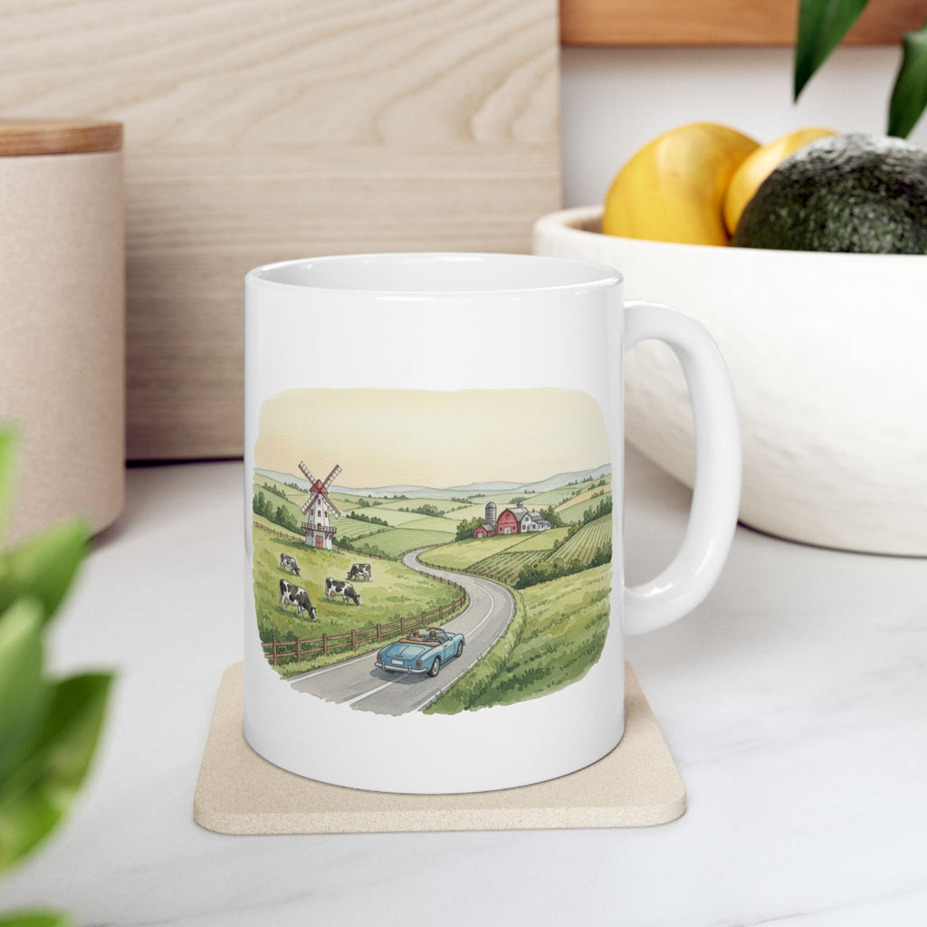 Scenic Convertible Countryside Drive White Ceramic Mug (11oz, 15oz), Relaxing and Cozy Open Road Mountain Getaway Cup