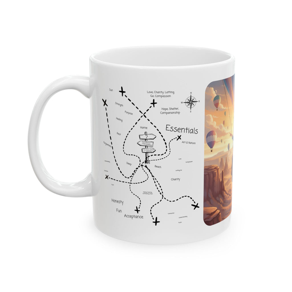 Joyful Friendship Landscape, Colorful Balloon Adventure White Ceramic Mug — True Wealth, Adventure, & Creativity Cup (11oz/15oz)