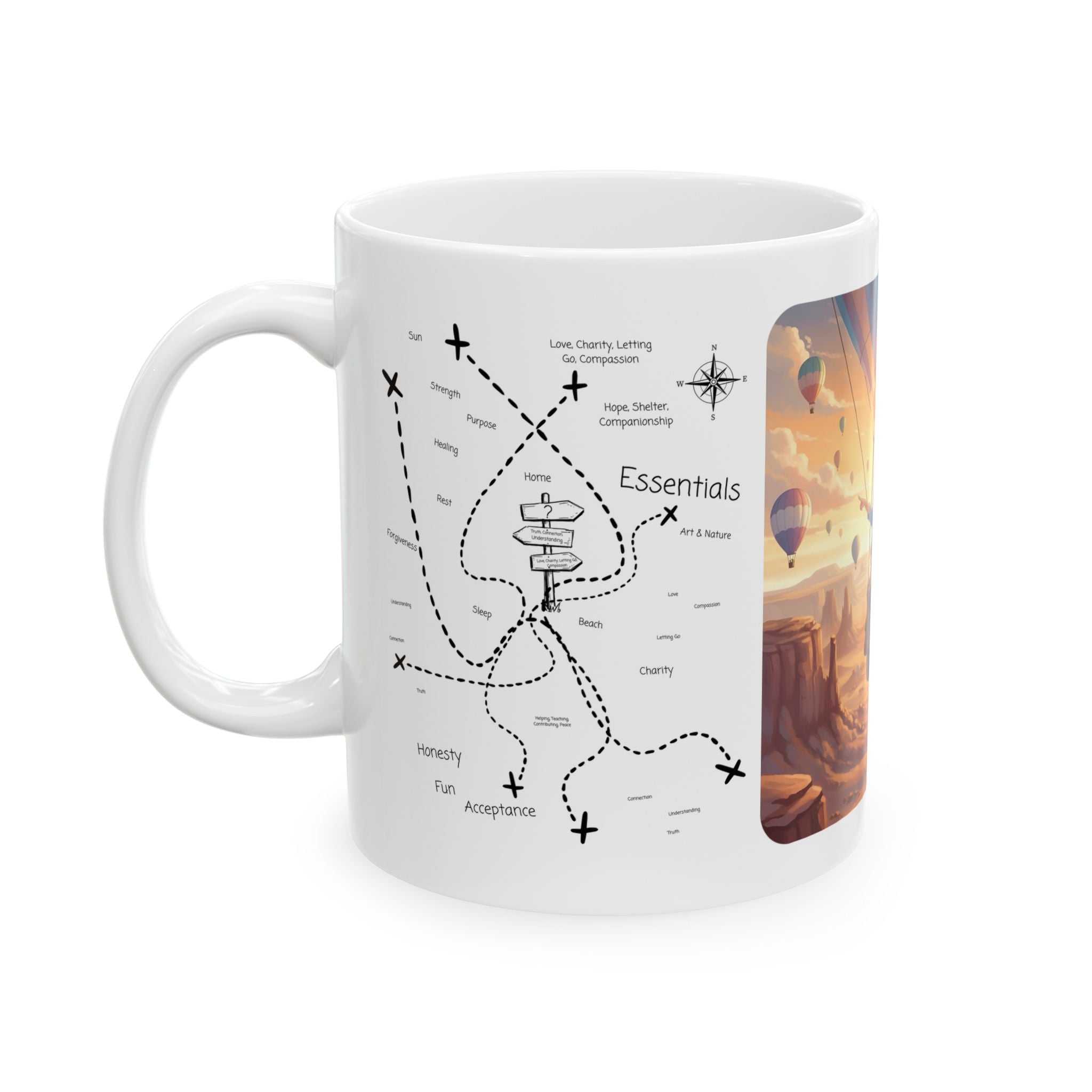 Joyful Friendship Landscape, Colorful Balloon Adventure White Ceramic Mug — True Wealth, Adventure, & Creativity Cup (11oz/15oz)
