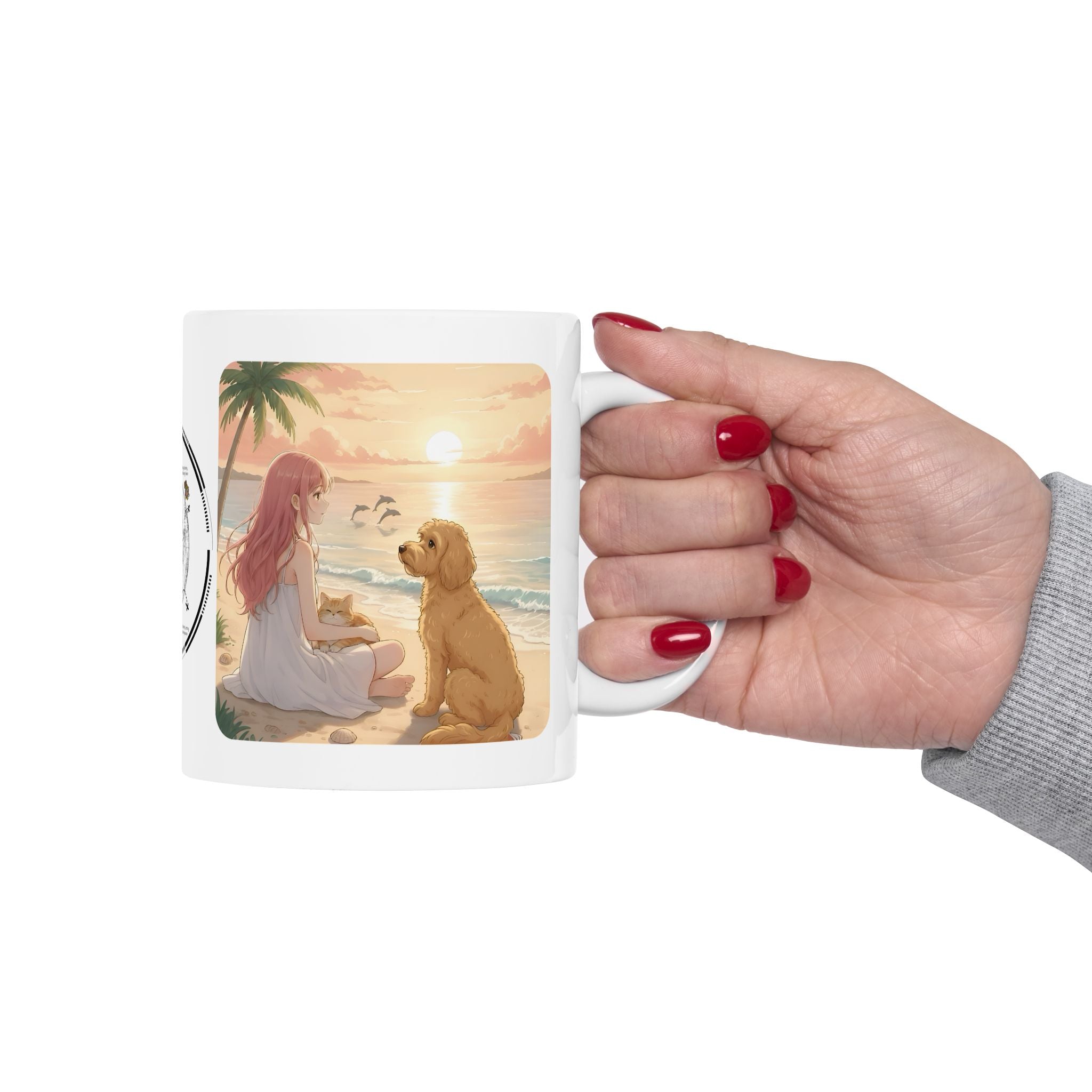 Goldendoodle Dog Orange Cat Sunset & Sunflower White Ceramic Mug — Peaceful Waves Anime Girl Boho Beach Vibes Cup (11oz, 15oz)