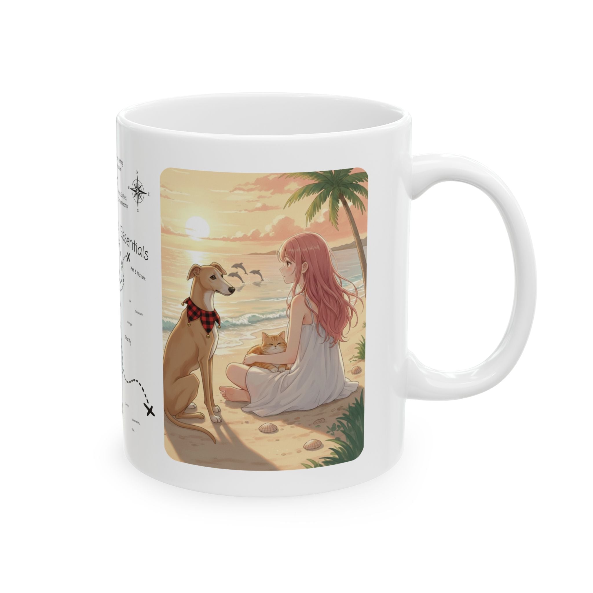 Dreamy Whippet Greyhound Dog & Orange Cat Tropical Seascape White Ceramic Mug, Cozy Owner and Pet Mom on Beach Cup (11oz, 15oz)