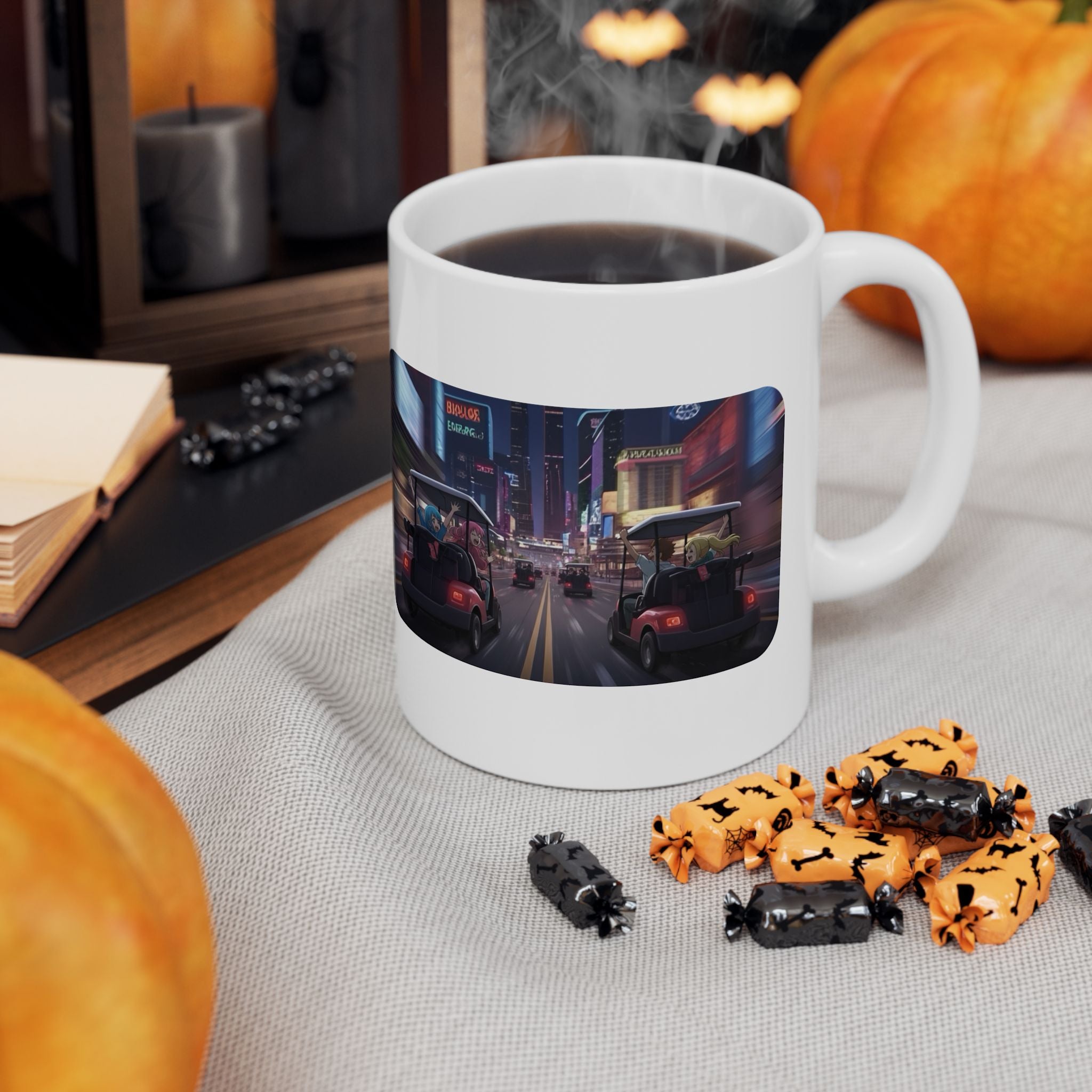 Anime Golf Cart Seasonal & City Adventures #8 White Ceramic Mug — Find Your Path To The Essentials Cup (11oz & 15oz)
