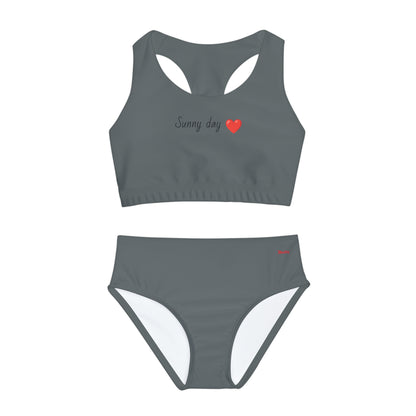 Girl's "Sunny Day" Dark Grey Two Piece Swimsuit (AOP)