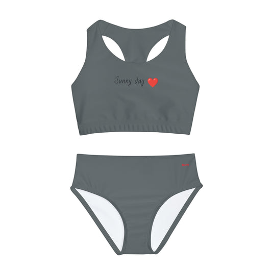 Girl's "Sunny Day" Dark Grey Two Piece Swimsuit (AOP)