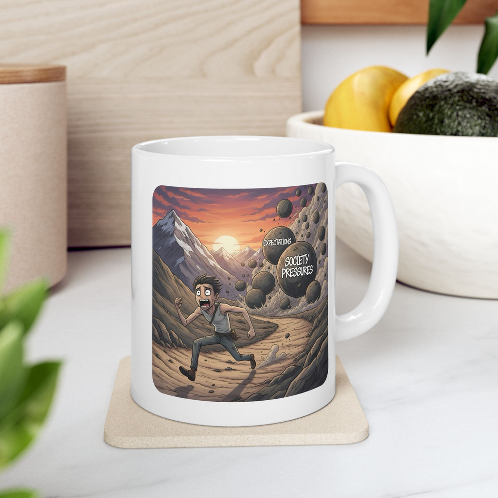 Unbreakable Men Overcoming Life's Burdens White Ceramic Mug, (11oz, 15oz), Common Threads Resilience Strength Cup