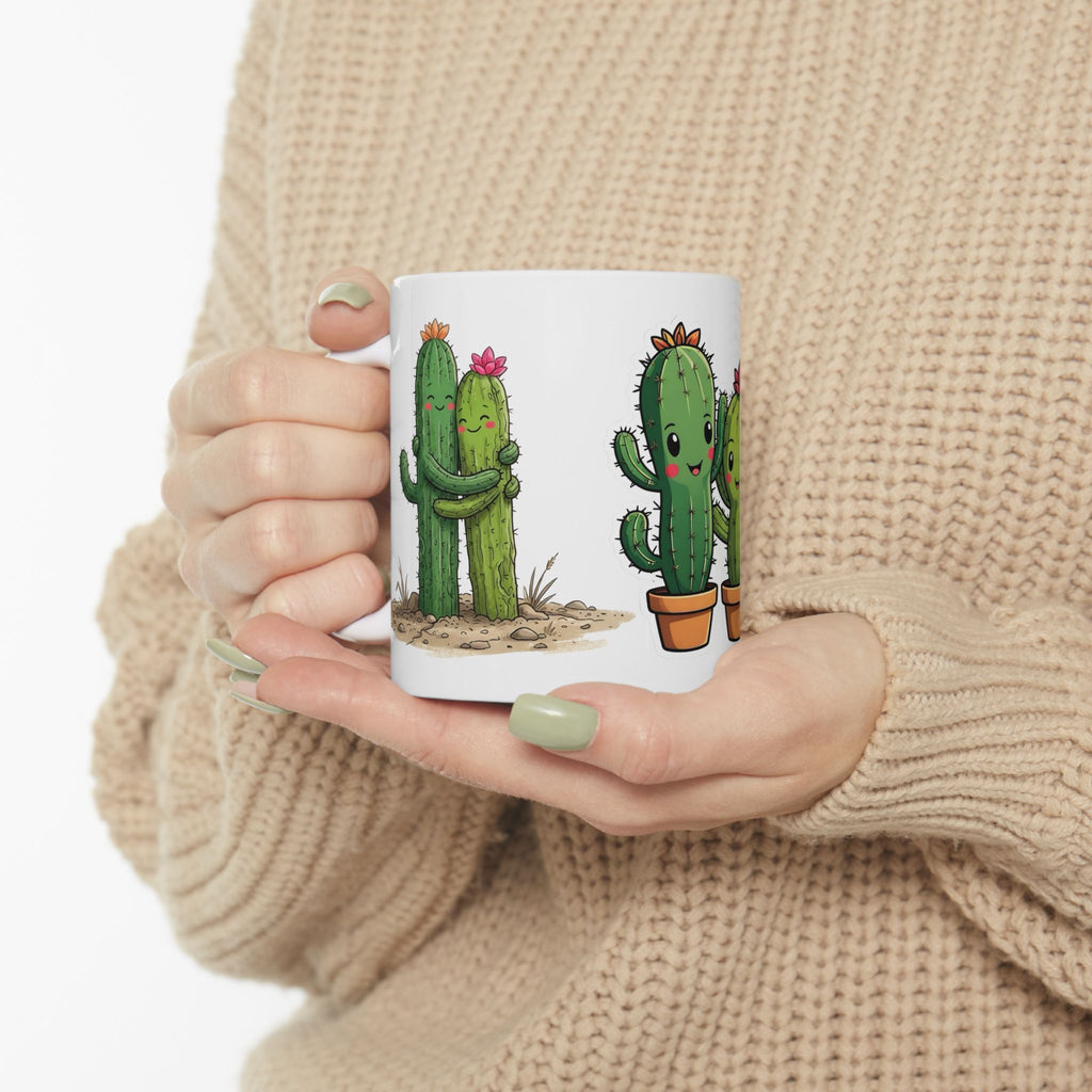 Cactus Couple White Ceramic Mug — Cute Potted Terracotta Tea Cup (11oz & 15oz)