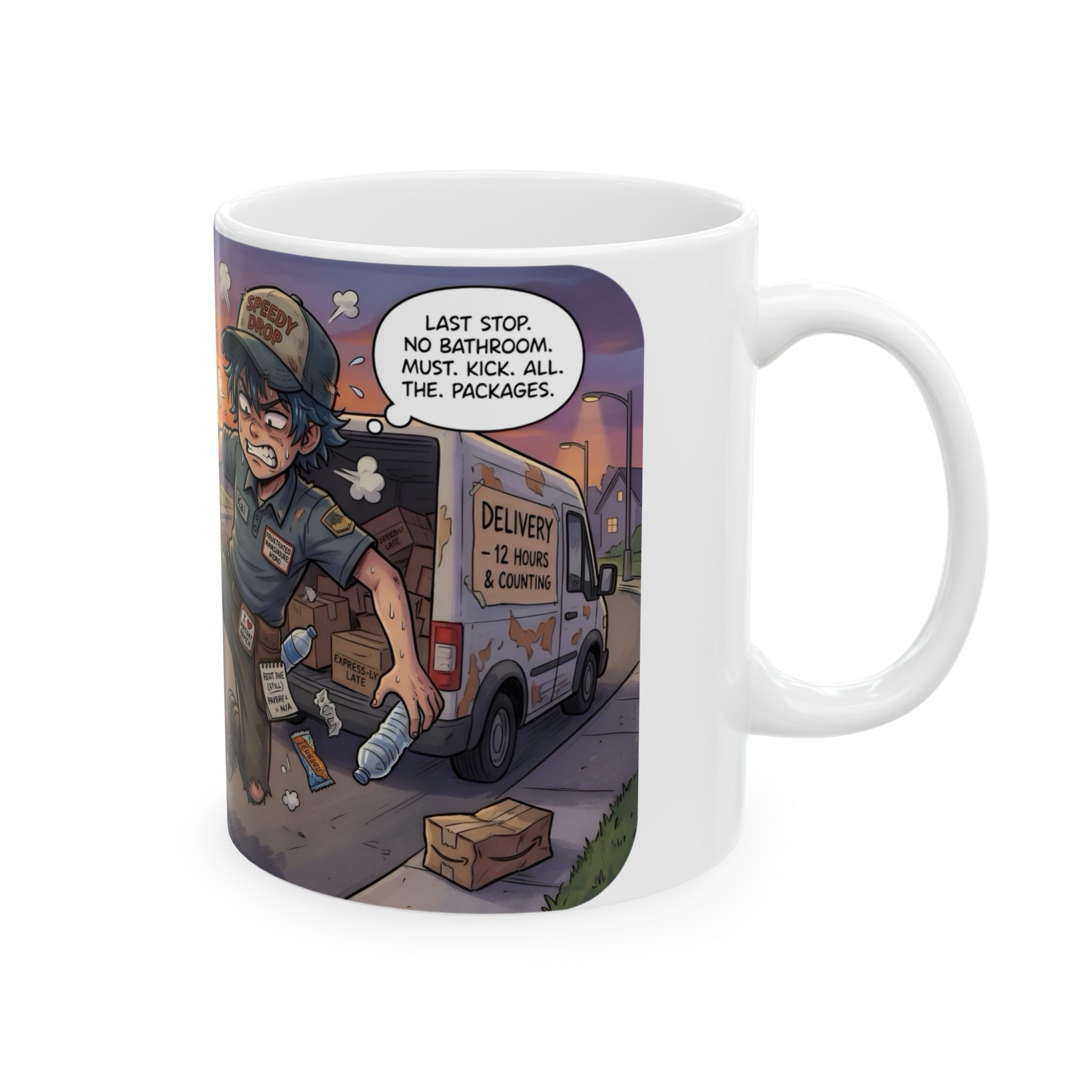 Speedy Drop Delivery Bathroom Tales White Ceramic Mug — "Gotta Go" Postal Worker Tea Cup (11oz/15oz)