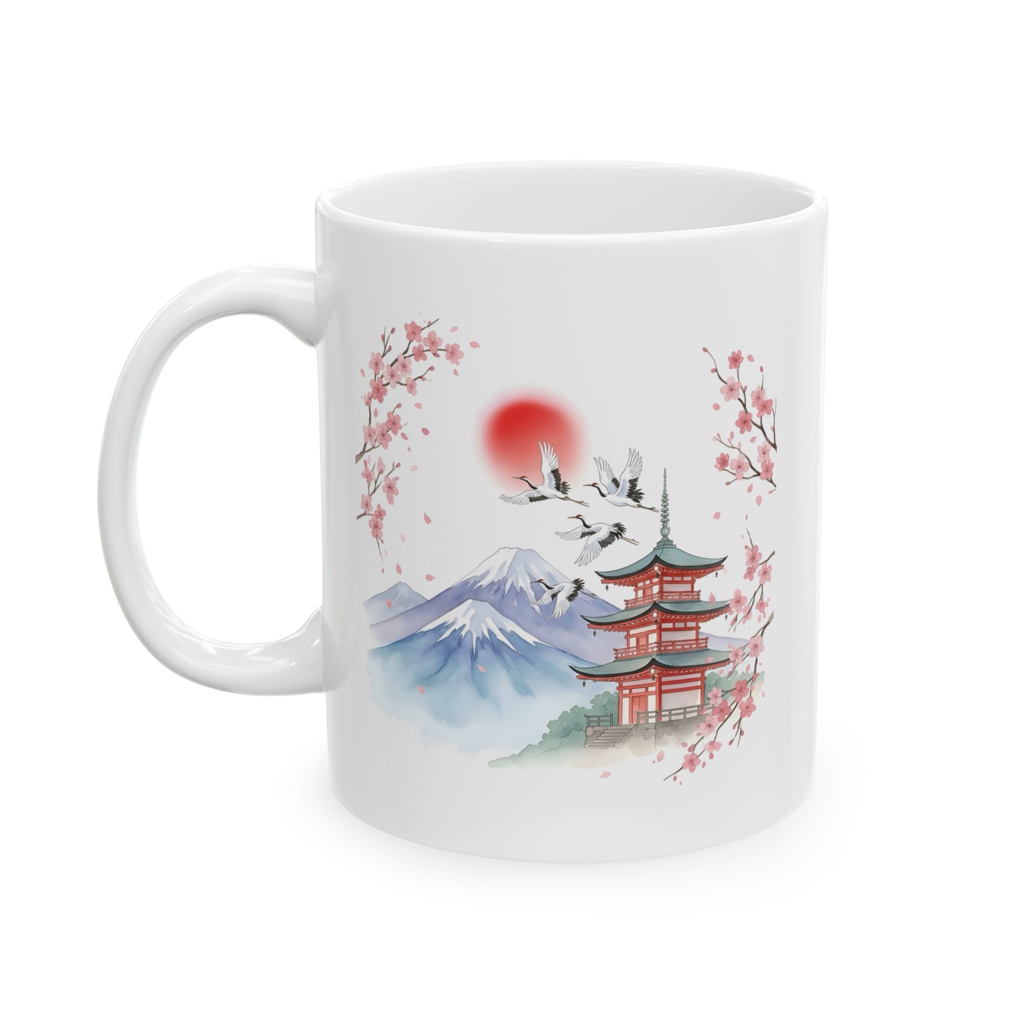 Cherry Blossom Mountain White Ceramic Mug - Japanese Sakura Scenic Tea Cup (11oz, 15oz)