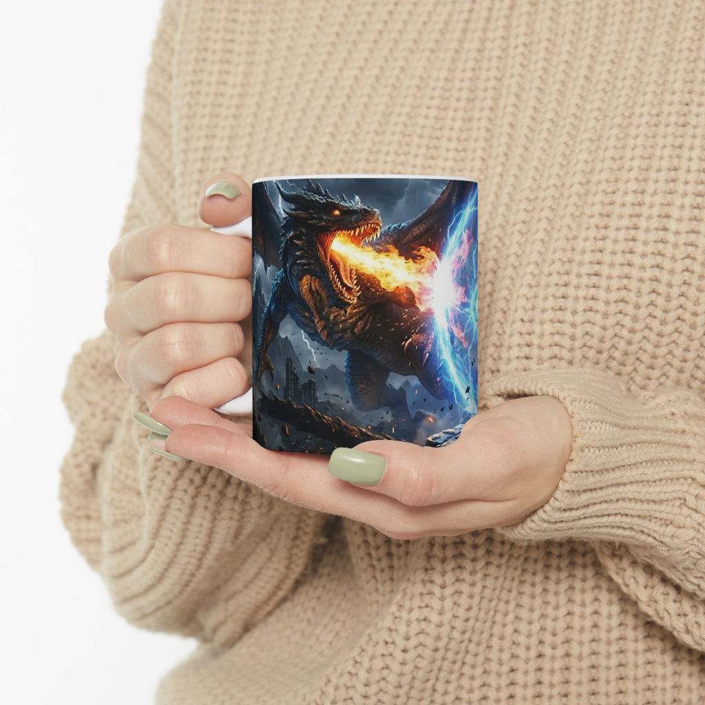 Dragon Battle #4 White Ceramic Mug — Epic Fantasy Gaming Adventure Scene (11oz, 15oz)