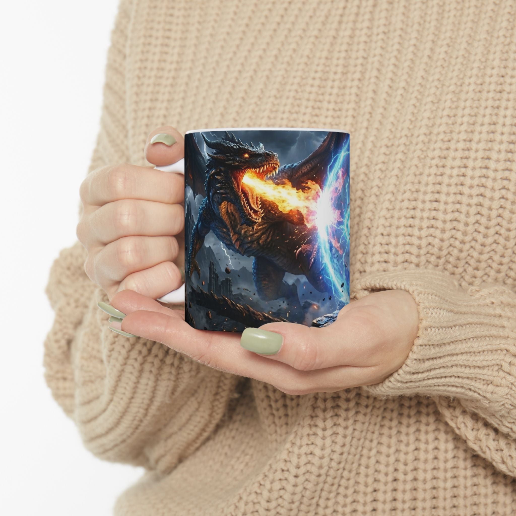 Dragon Battle #4 White Ceramic Mug — Epic Fantasy Gaming Adventure Scene (11oz, 15oz)