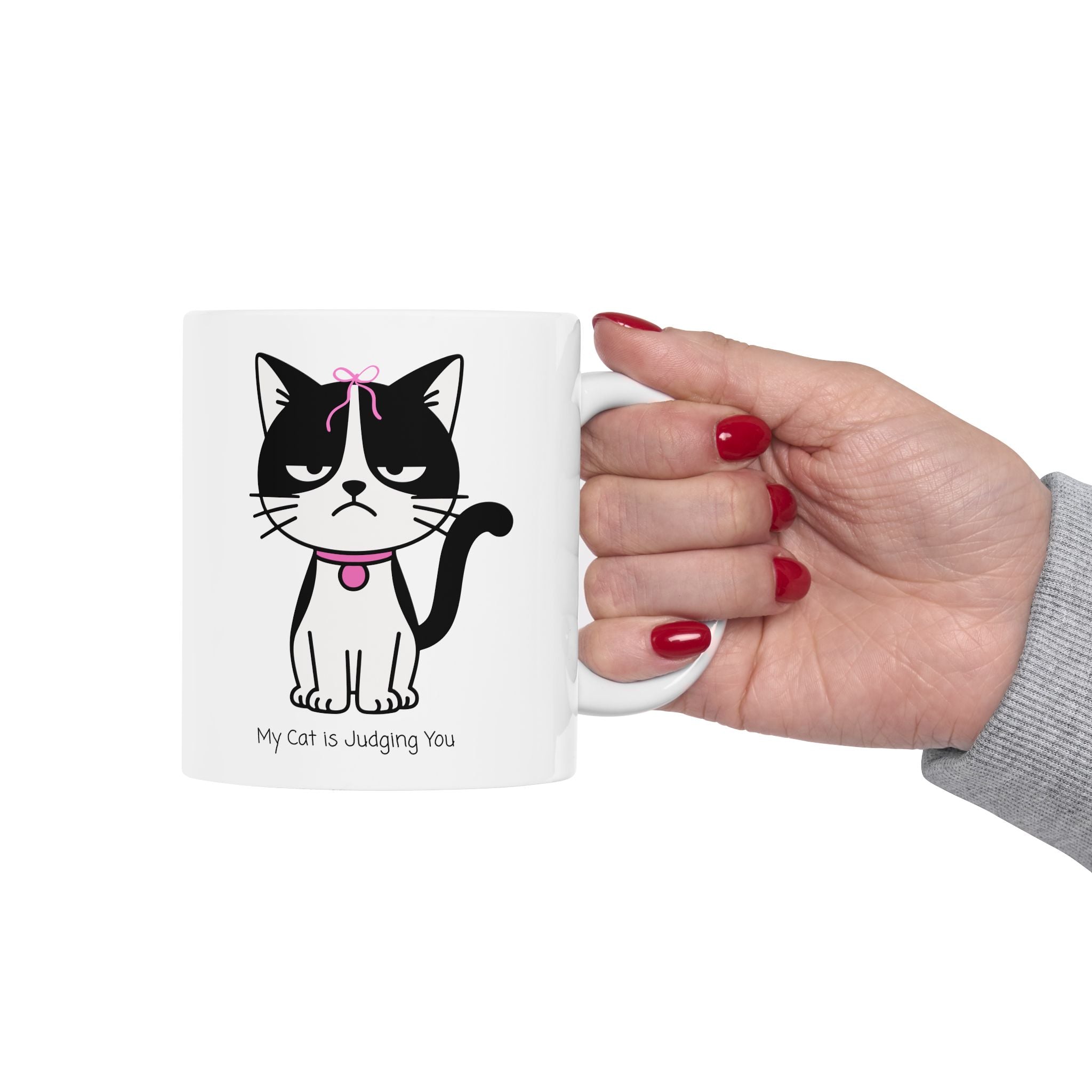 My Cat Is Judging You White Ceramic Mug — Cute Black & White Kitty Stare Down Tea Cup (11oz/15oz)