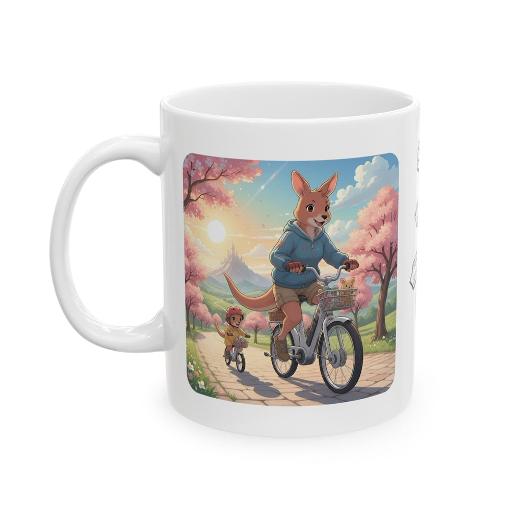 Too Cute to Handle!  Kangaroo Mom & Joey Biking Under Cherry Blossoms White Ceramic Mug — Mommy & Me Anime Bike Adventure Cup for Happy Sips, 11oz & 15oz