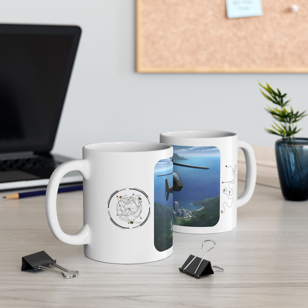Anime Helicopter Adventure #7 Kawaii Kittens Over Tropical Beachy Metro White Ceramic Mug – Celebrating Companionship, Creativity & Life’s Little Wonders Cup (11oz/15oz)
