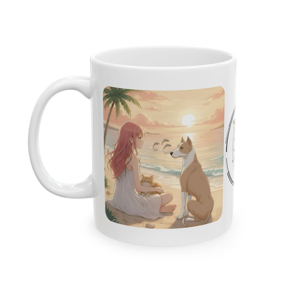 Pitbull Dog Orange Cat Sunset & Sunflower White Ceramic Mug — Peaceful Waves Anime Girl Boho Beach Vibes Cup (11oz, 15oz)