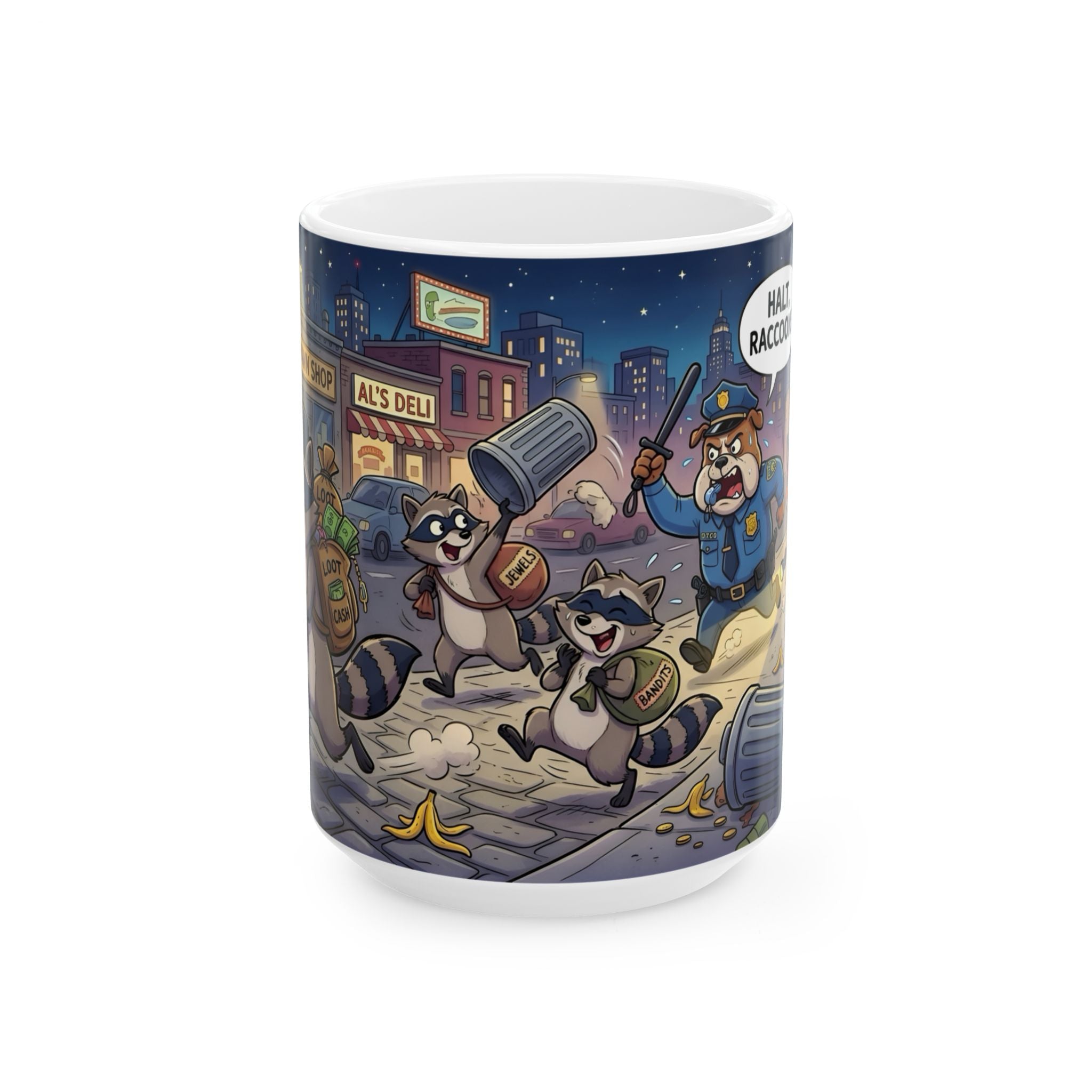Rambunctious Ringtails White Ceramic Mug — Funny Raccoon Heist Night Scene Cup (11oz, 15oz)