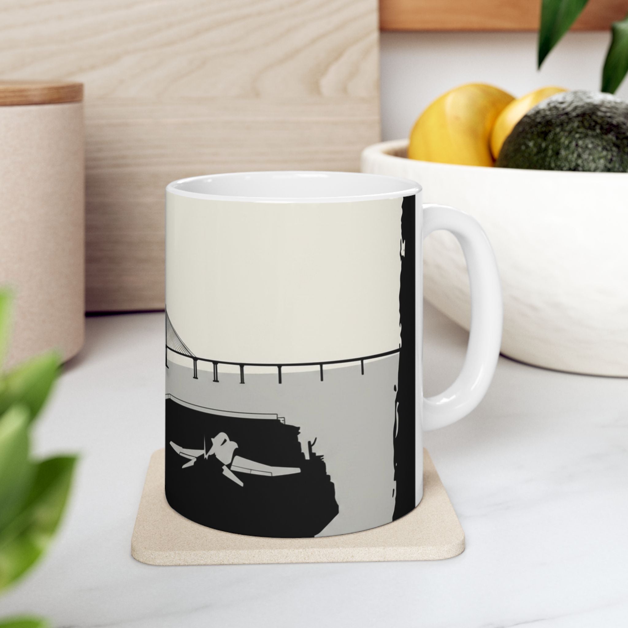 City Bridge Silhouette Scenic White Ceramic Mug – Waterfront Battleship View Cup (11 oz, 15 oz)