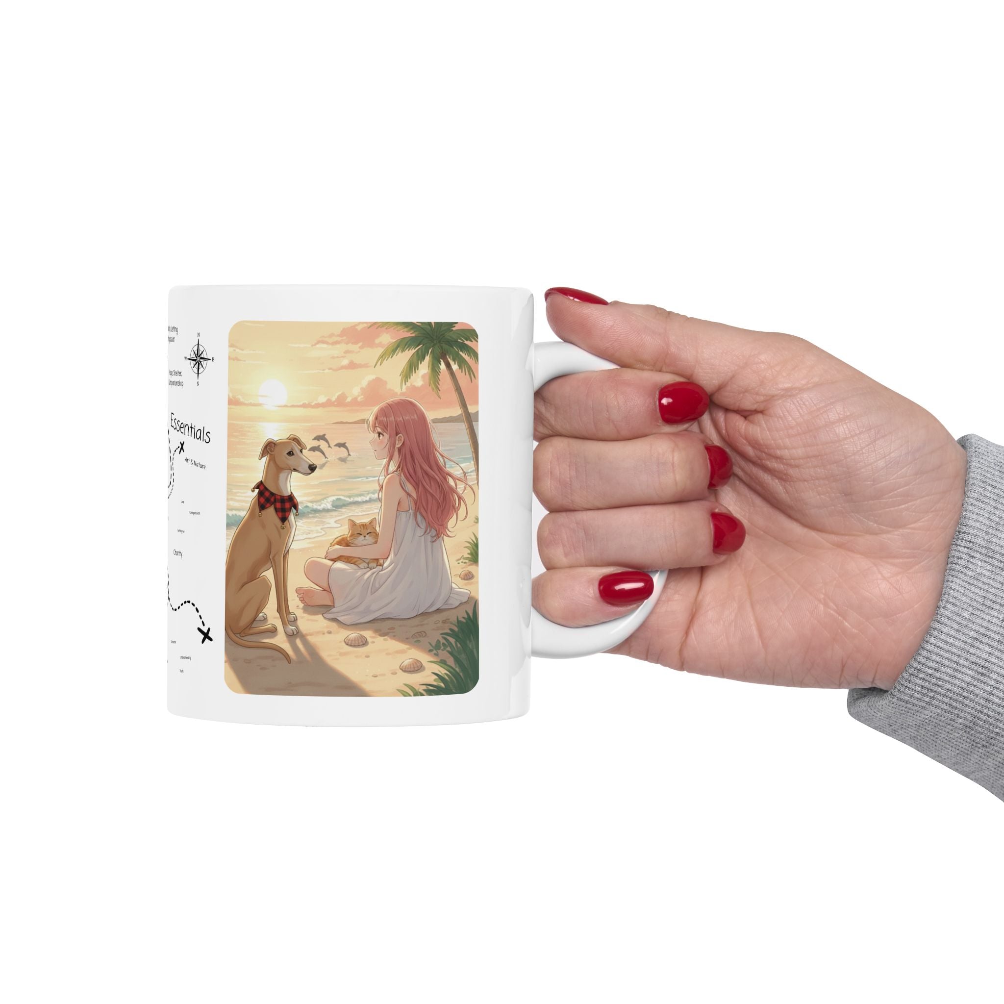 Dreamy Whippet Greyhound Dog & Orange Cat Tropical Seascape White Ceramic Mug, Cozy Owner and Pet Mom on Beach Cup (11oz, 15oz)