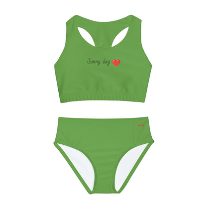 Girl's "Sunny Day" Light Green Two Piece Swimsuit (AOP)