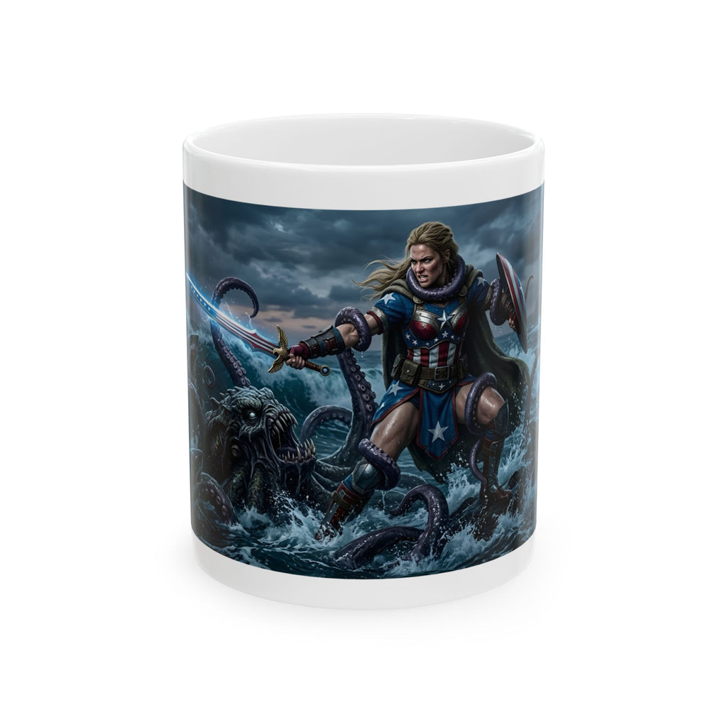 Lady Liberty Unbound #1 White Ceramic Mug — USA Standing Strong Against Darkness Cup