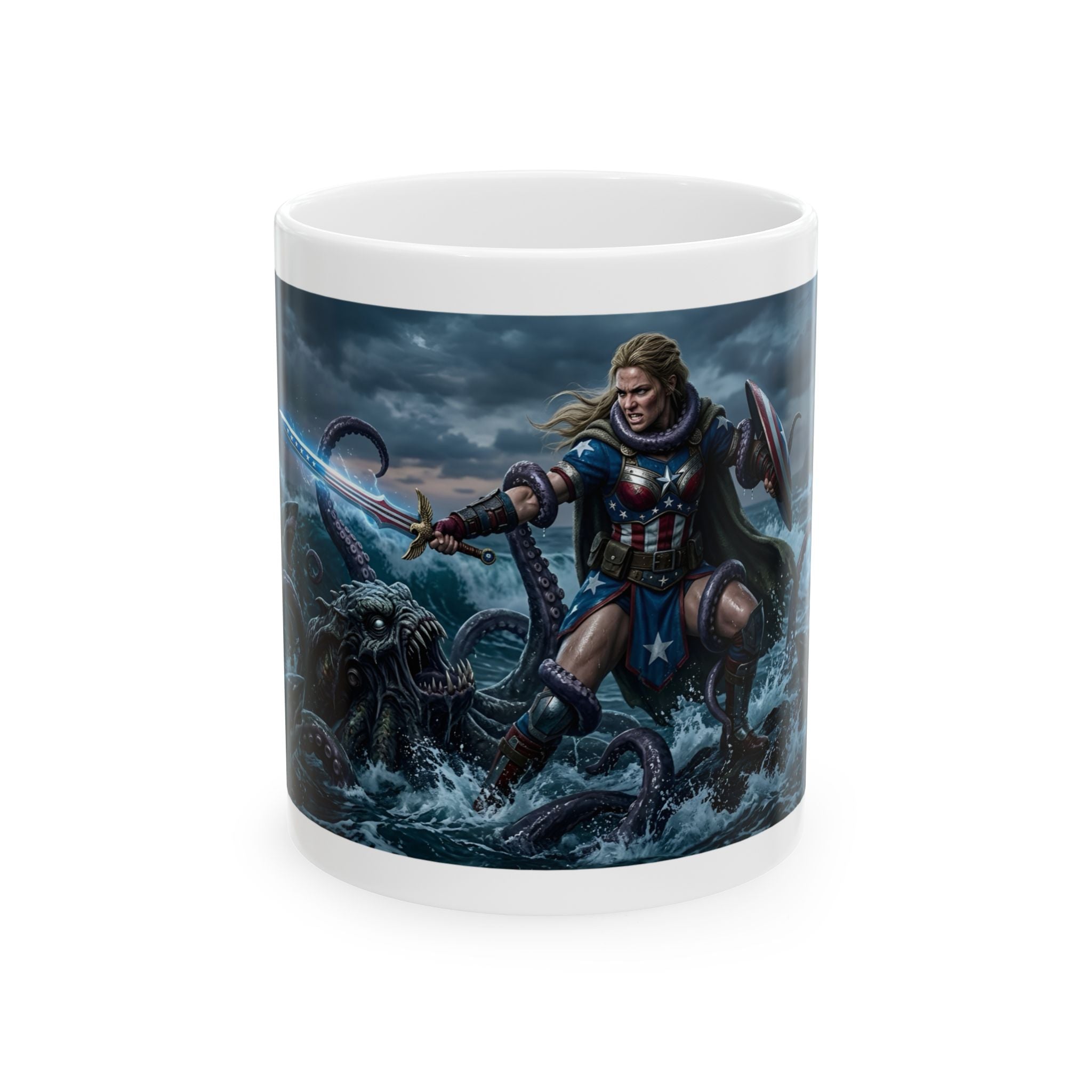 Lady Liberty Unbound #1 White Ceramic Mug — USA Standing Strong Against Darkness Cup