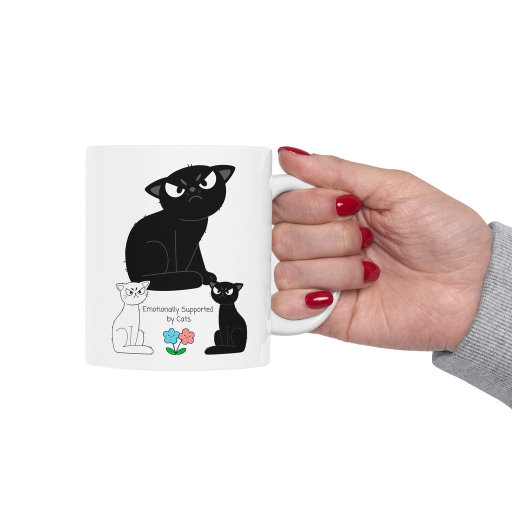 Emotionally Supported by Cats White Ceramic Mug – Cute Black & White Sassy Kitties Tea Cup (11oz & 15oz)