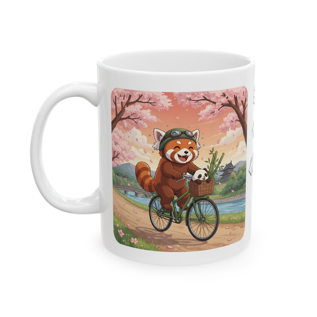 Cozy Red Panda & Baby Panda in Sakura Japan White Ceramic Mug — Happy Panda Family Bicycle Cup, 11oz & 15oz