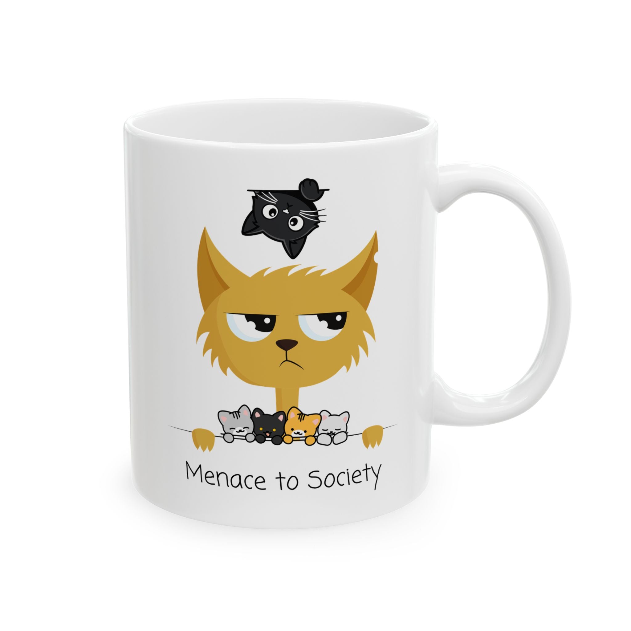 Cheeky Cat Mom White Ceramic Mug — Cute "Menace To Society" Rebel Cats Tea Cup (11oz, 15oz)