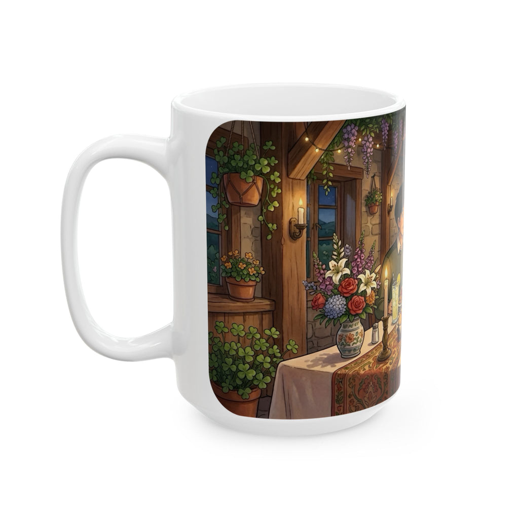 Cozy Candlelit Dinner White Ceramic Mug — Romantic Couple Cottage Cup (11oz & 15oz)