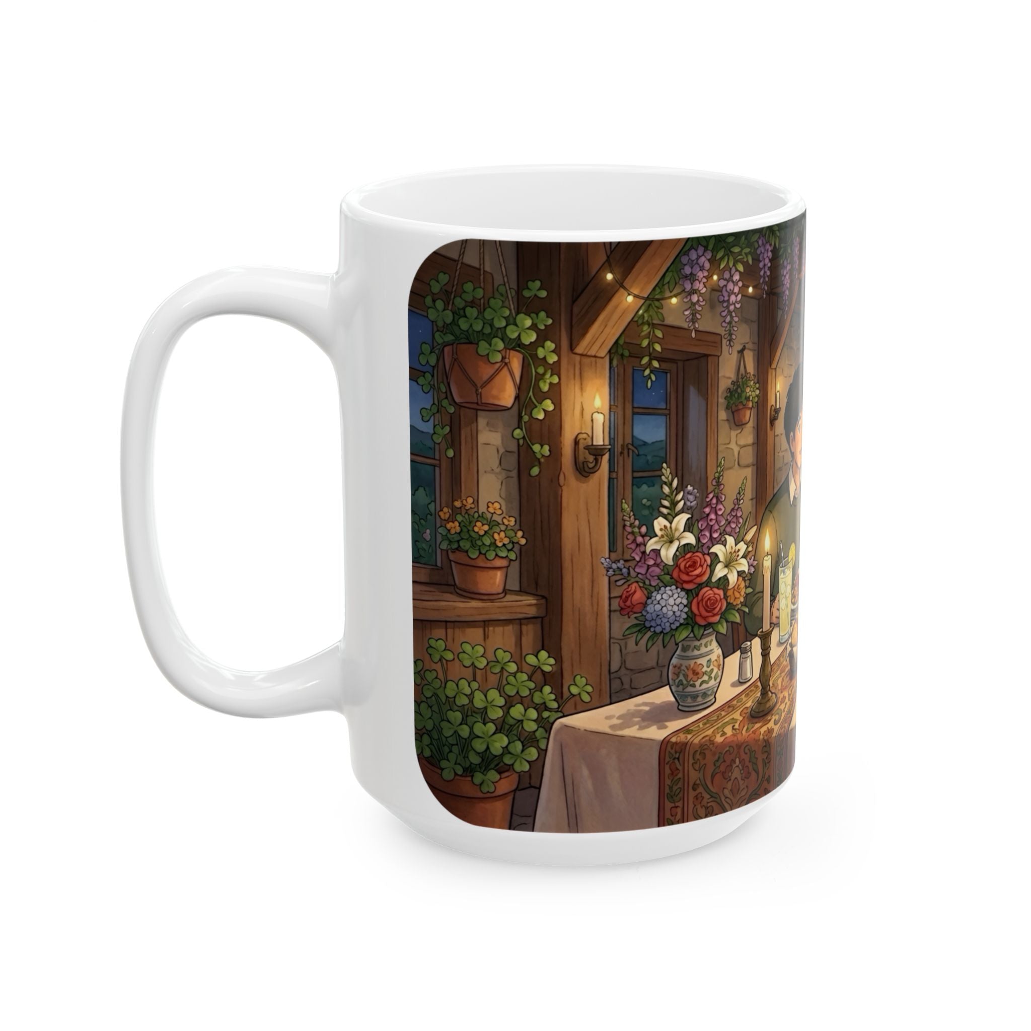 Cozy Candlelit Dinner White Ceramic Mug — Romantic Couple Cottage Cup (11oz & 15oz)