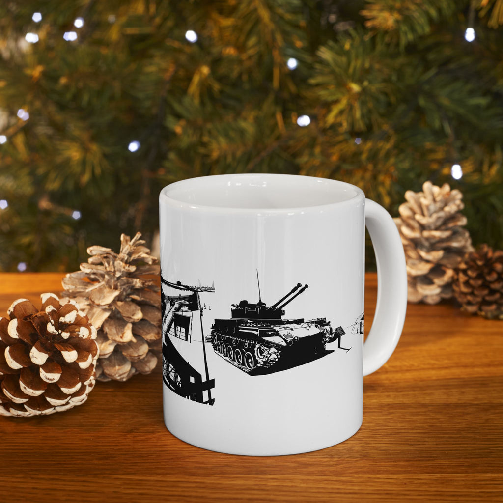 Harbor Panorama White Ceramic Mug — Black & White Maritime Port Cup (11oz, 15oz)