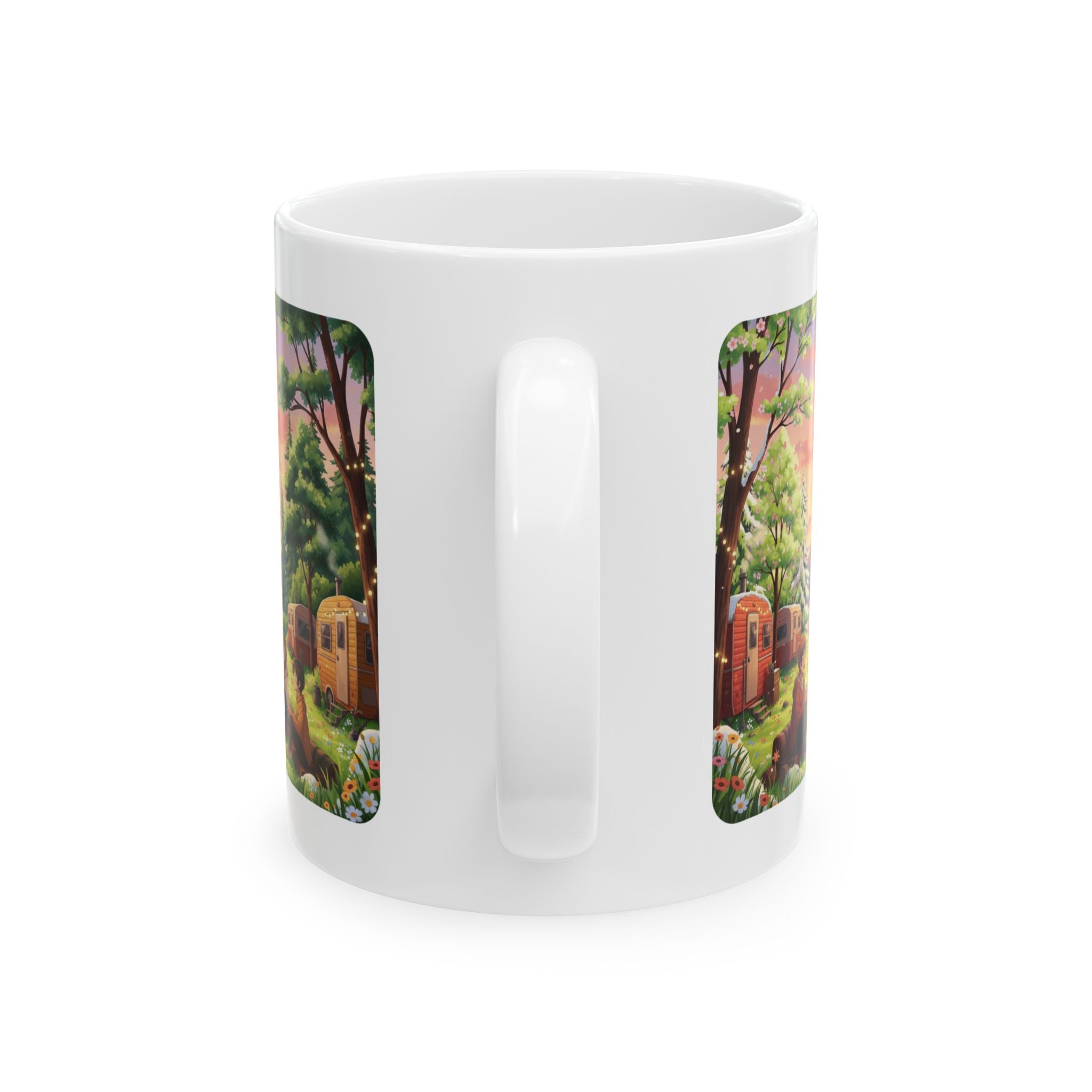 Cozy Hearth & Home White Ceramic Mug — Sunset Mountain View Vintage Camper Cup (11oz/15oz)