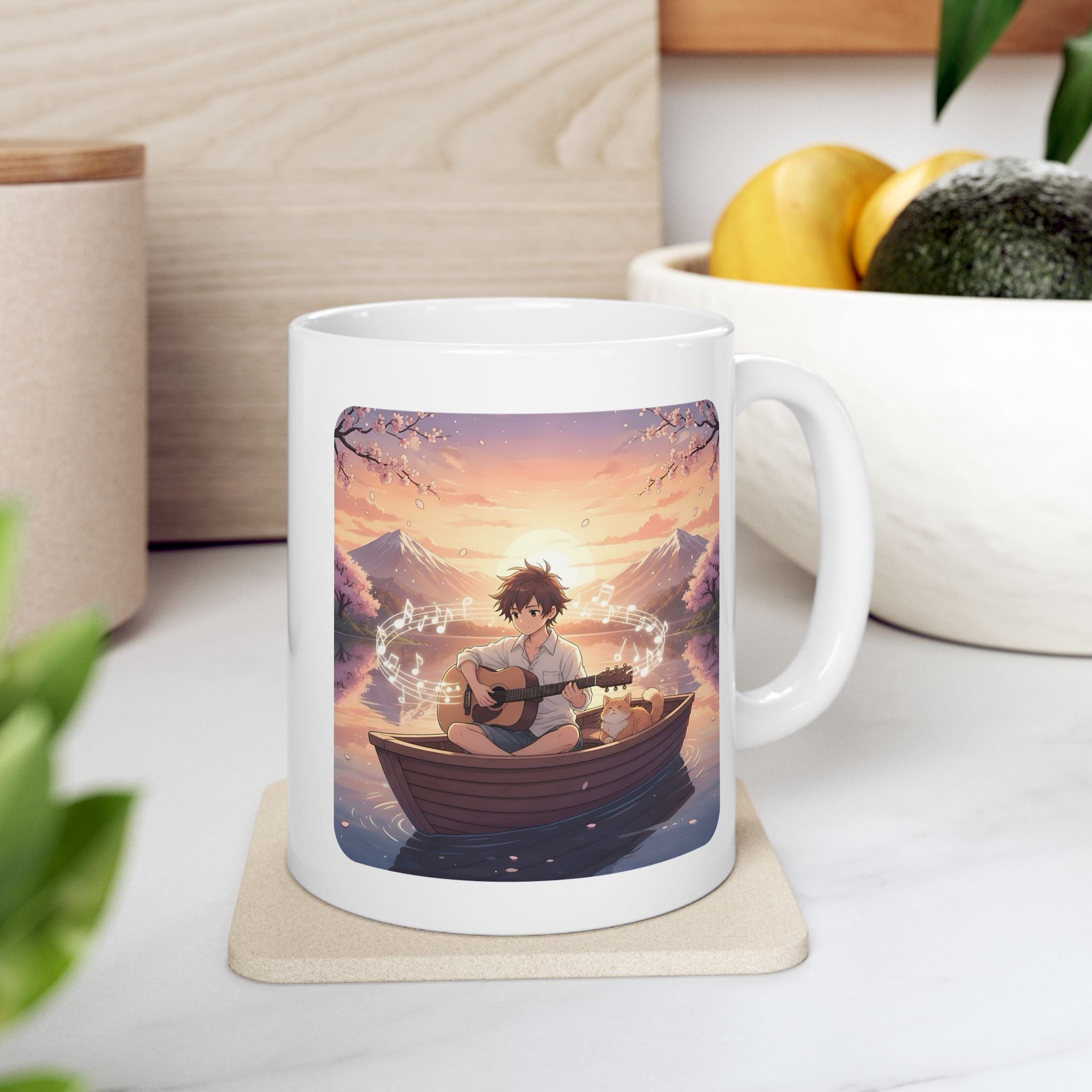 Young Guitarist & Ginger Cat Sunset Lake White Ceramic Mug — Tranquil Nature Musical Companions Cup (11oz, 15oz)