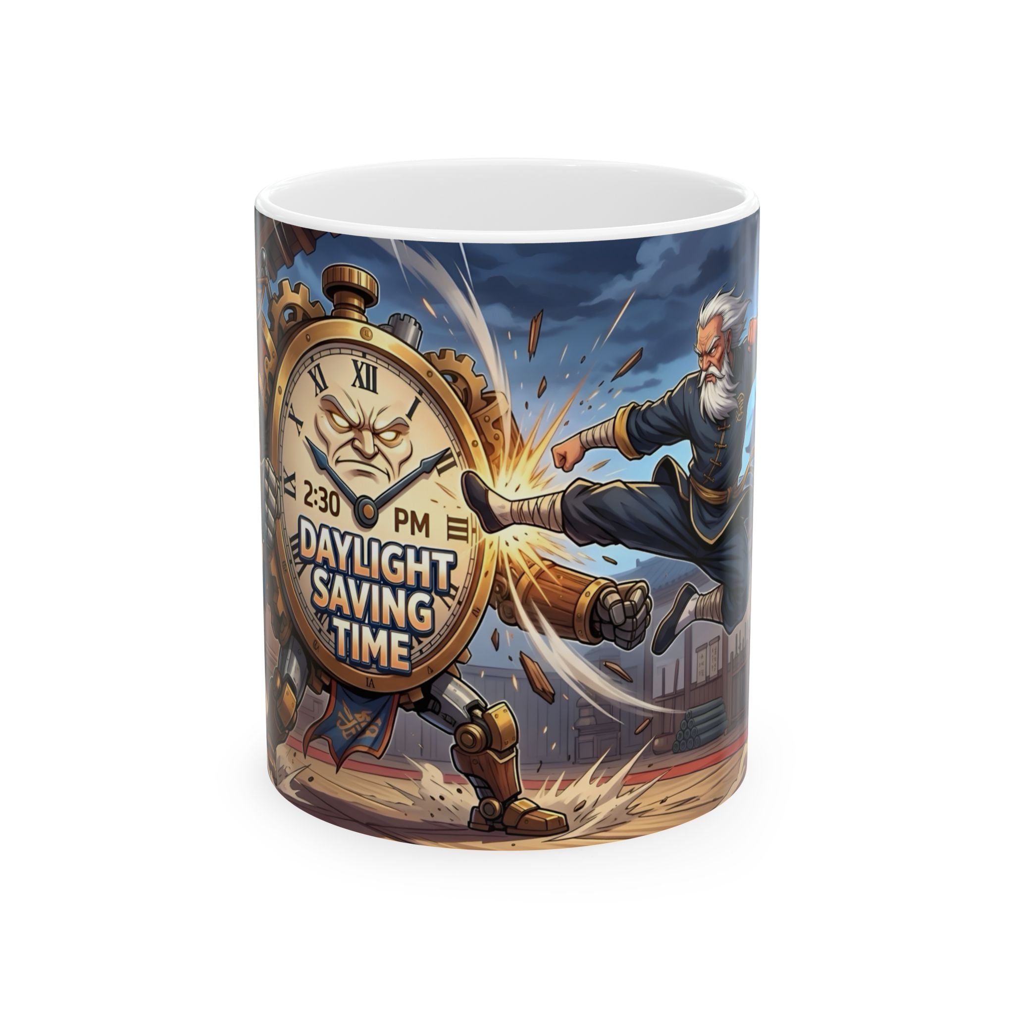 Daylight Saving Time Fight White Ceramic Mug – Brawling For Sleep Cup (11oz, 15oz)