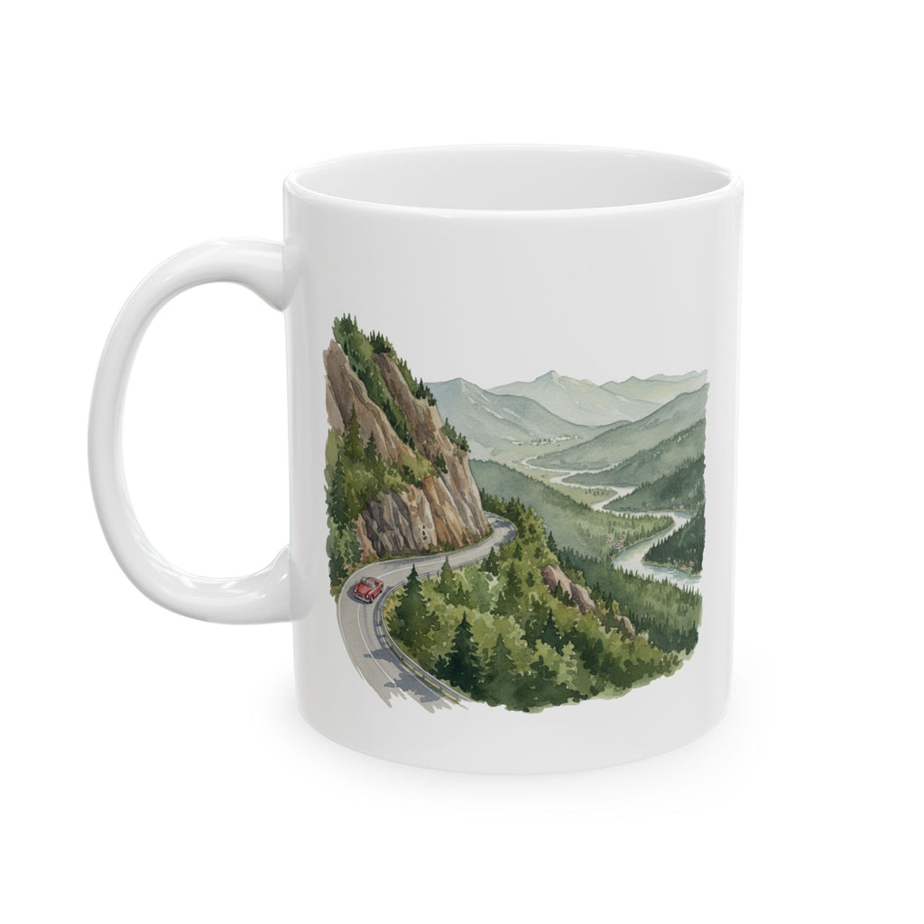 Scenic Convertible Countryside Drive White Ceramic Mug (11oz, 15oz), Relaxing and Cozy Open Road Mountain Getaway Cup