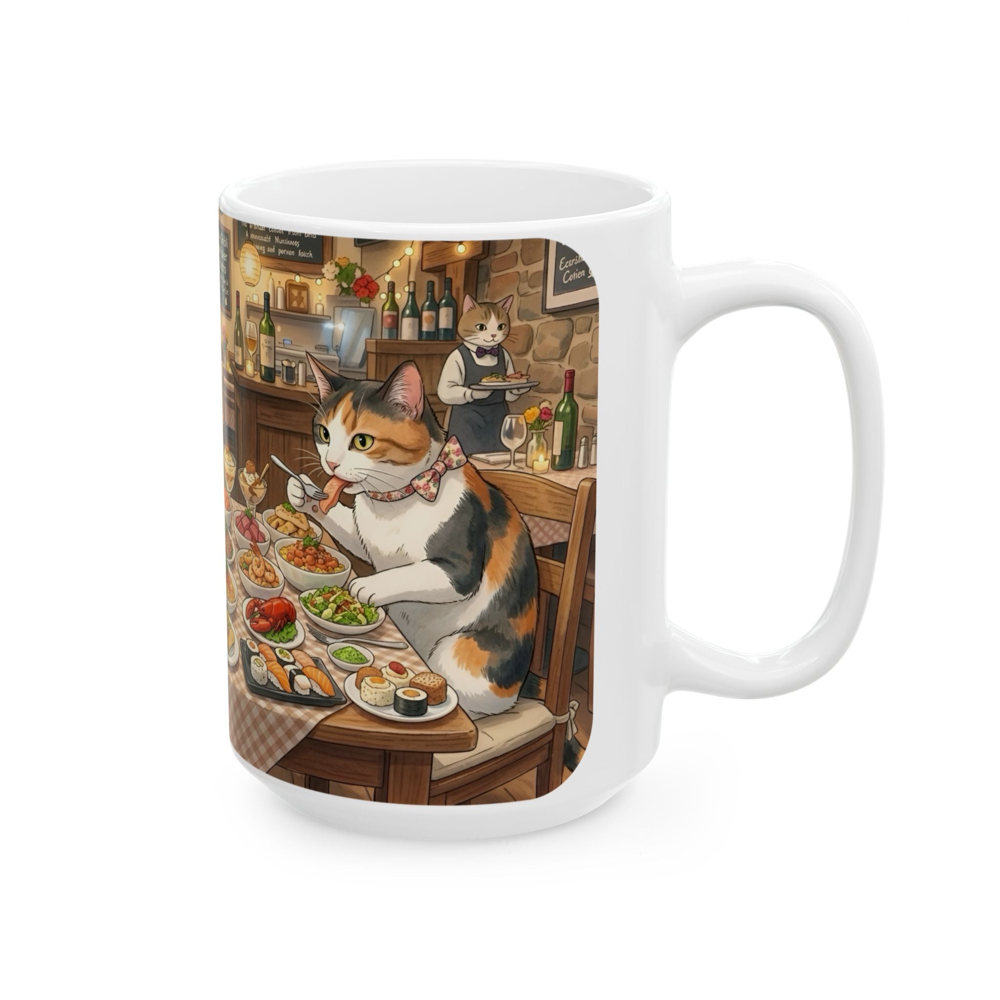 Cat Ghibli Whisker Bistro White Ceramic Mug — Cozy Feline Tapas Cafe Cup (11oz/15oz)