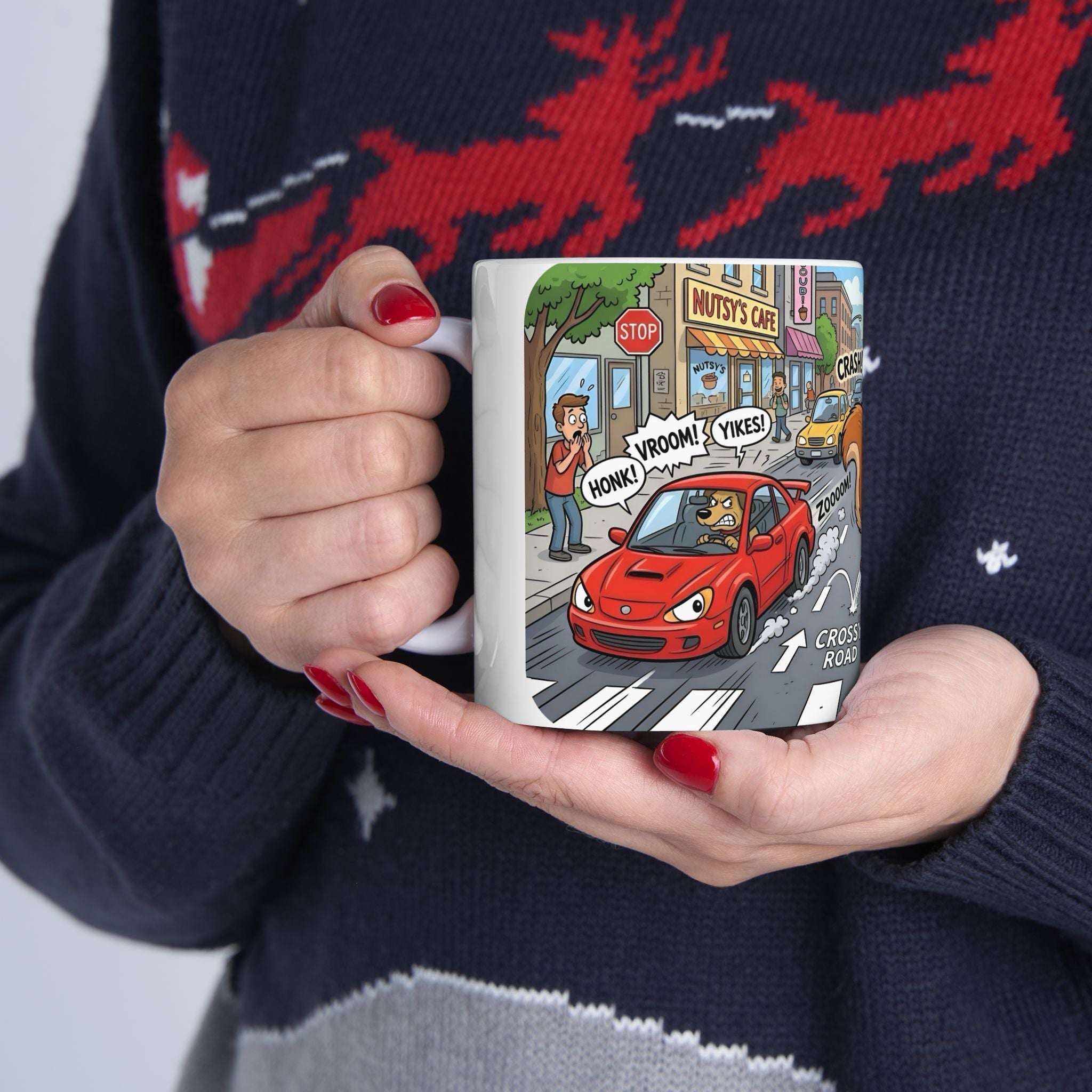 Nutsy's Crossy Road White Ceramic Mug – Adventurous Squirrel Crossing Cup (11oz/15oz)