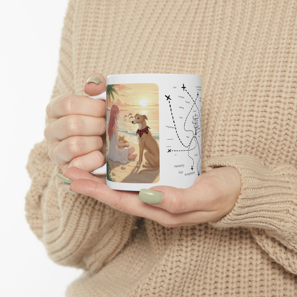 Dreamy Whippet Greyhound Dog & Orange Cat Tropical Seascape White Ceramic Mug, Cozy Owner and Pet Mom on Beach Cup (11oz, 15oz)