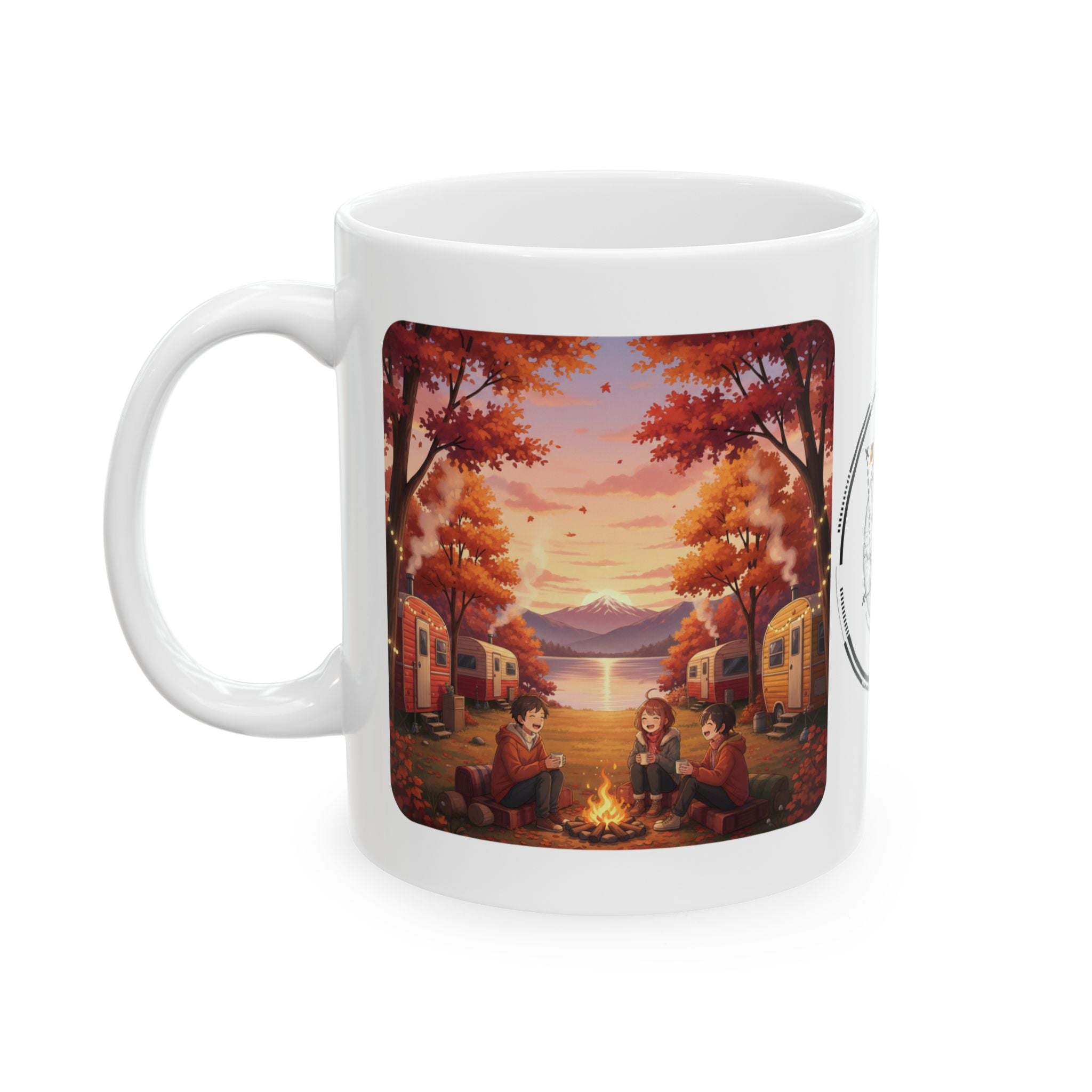 Autumn Leaves & Winter Snow Sunset White Ceramic Mug — Cozy Camping Fall & Winter Cottagecore Cup (11oz & 15oz)