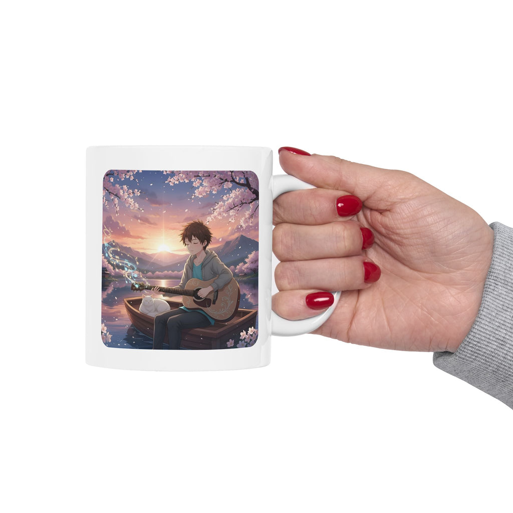 Guitarist & Cat Sunset Lake White Ceramic Mug — Tranquil Nature Music Scene (11oz, 15oz)