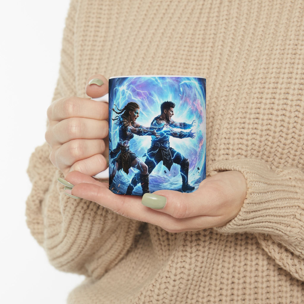 Dragon Battle #2 White Ceramic Mug — Epic Fantasy Gaming Adventure Scene (11oz, 15oz)