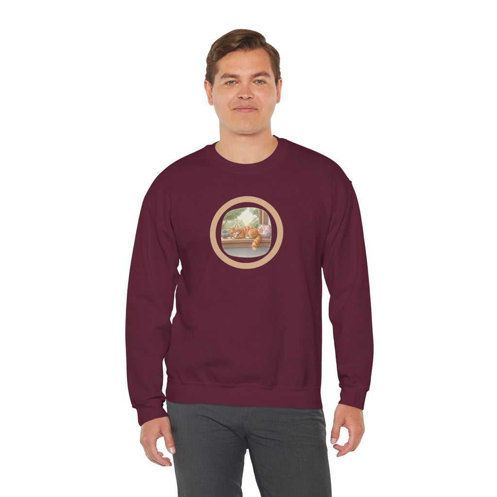 Cozy Window Cat Crewneck Sweatshirt — Relaxing Cat Napping Sweater