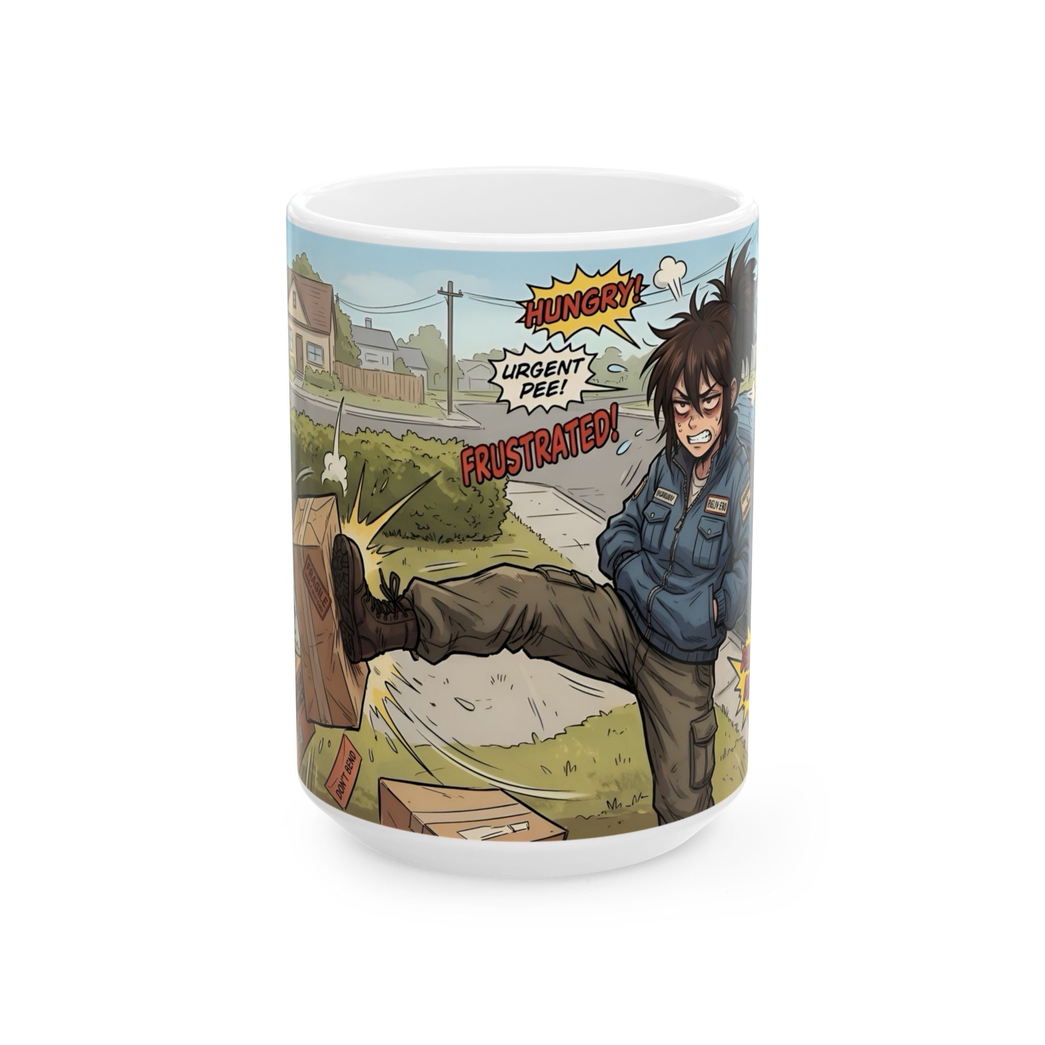 Delivery Worker Tales White Ceramic Mug (11oz/15oz), Relatable Life Snapshot "Gotta Hold It" Cup