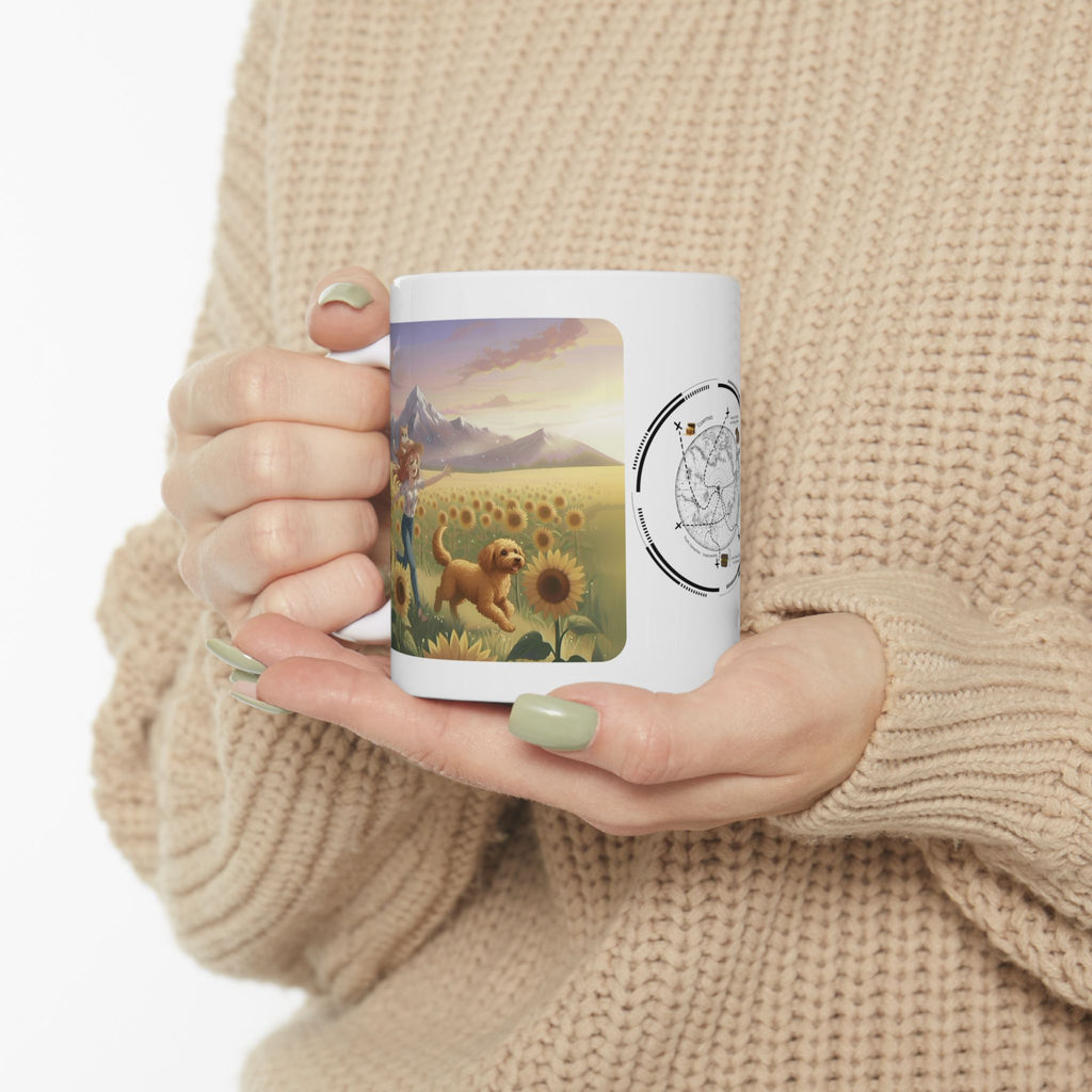 Goldendoodle Dog Orange Cat Sunset & Sunflower White Ceramic Mug — Peaceful Waves Anime Girl Boho Beach Vibes Cup (11oz, 15oz)