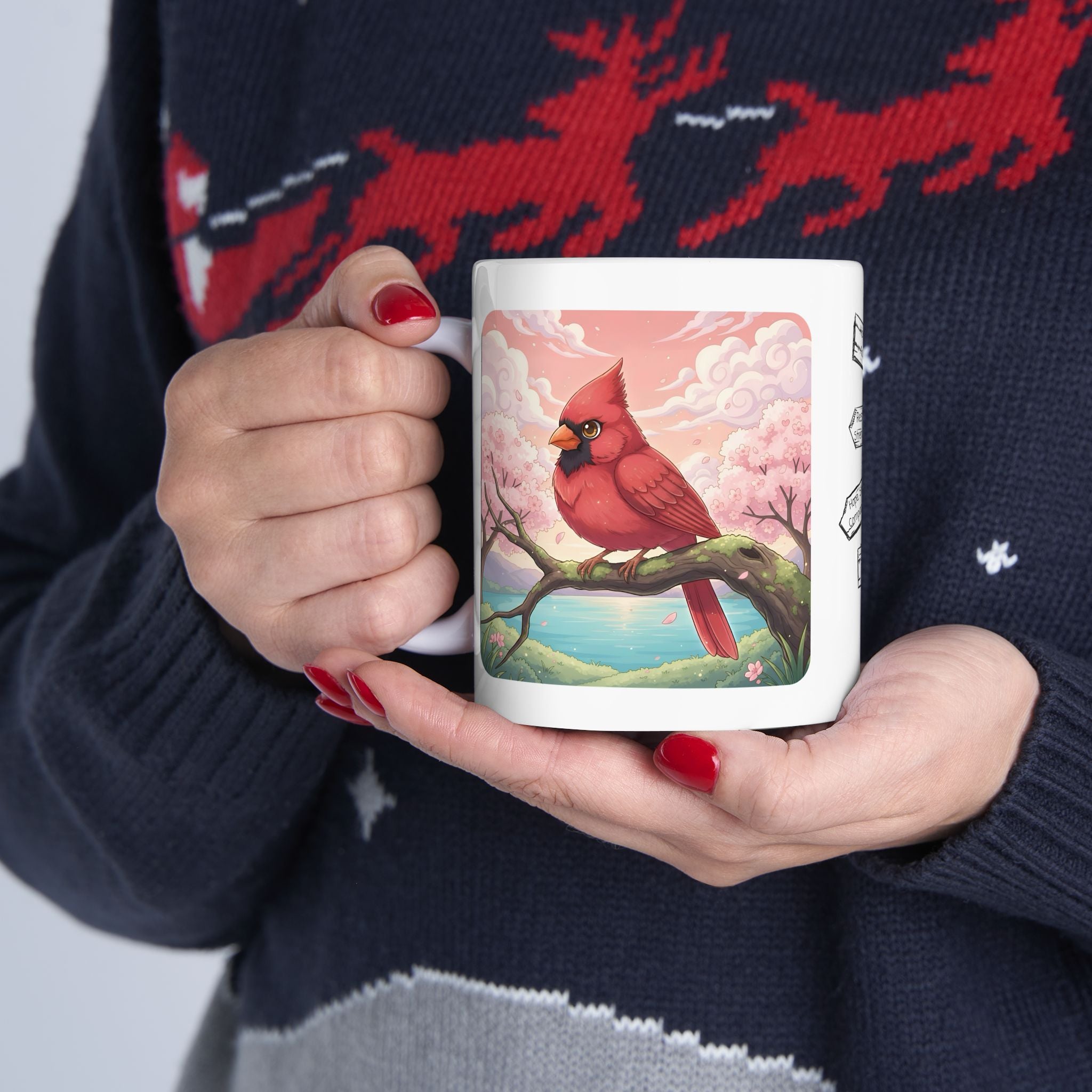 Kawaii Red Cardinal Quiet Moments White Ceramic Mug in Sakura Japan, Cozy Sakura Serenity Japanese Cherry Blossom Landscape Cup, 11oz & 15oz